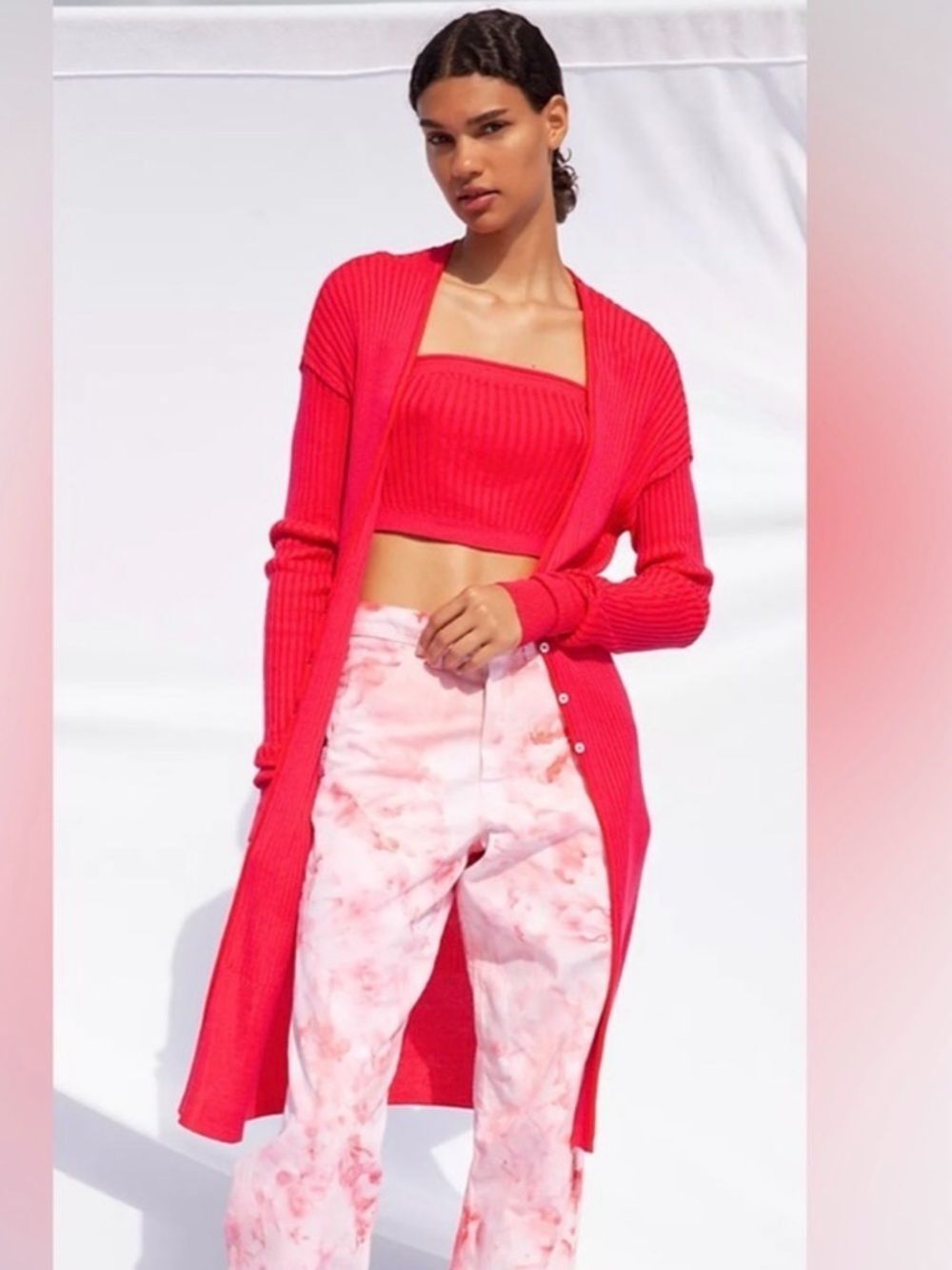 Free People Pink & Red Ribbed Cardigan
